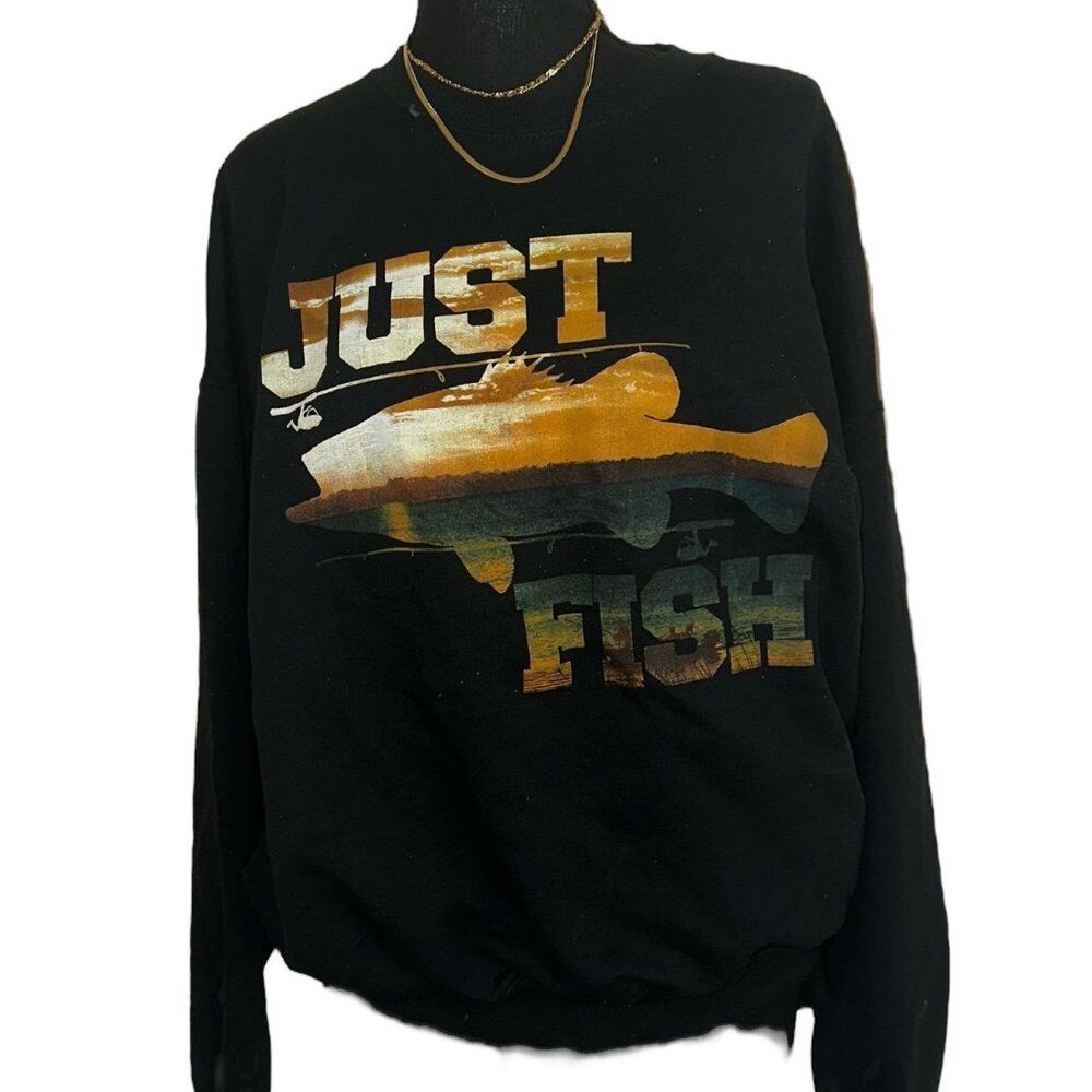 VINTAGE Jerzees Just Fish Crewneck Sweater Adult XL Black Graphic Fishing